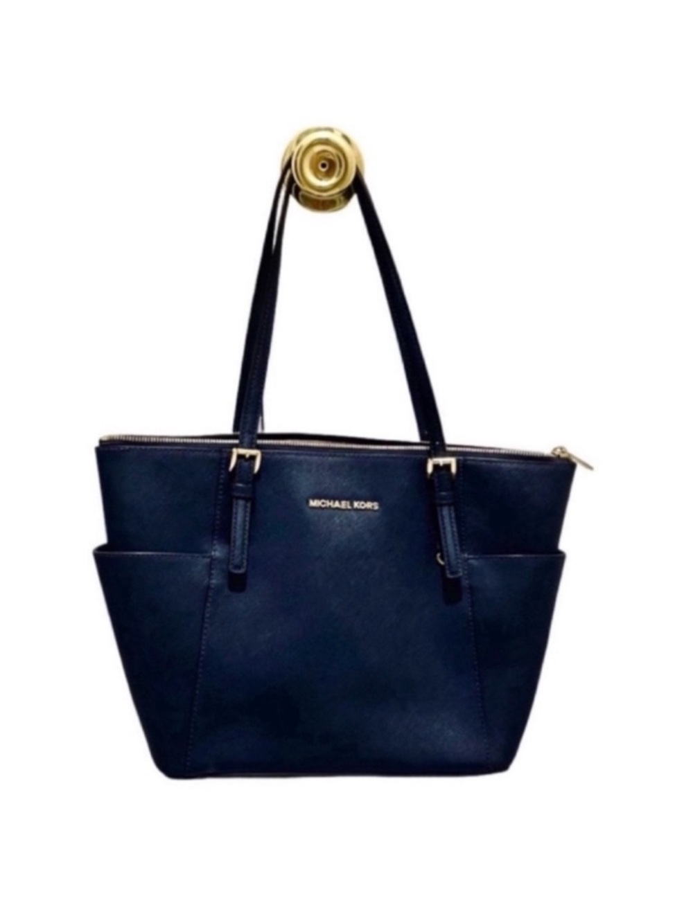 Michael Kors Top Zip Shoulder Bag Double Straps Large Tote Purse Navy Blue Gold - Picture 2 of 13